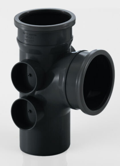 Image for Brett Martin 110mm 92.5° Soil Pipe Double Ring Seal Socket Branch with 4 Bosses Black BS451B